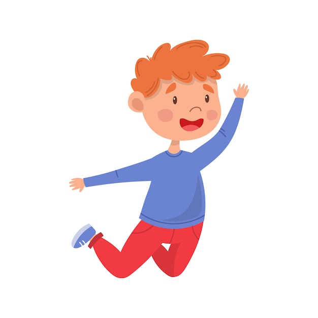 Happy cute boy. A cheerful child joyfully jumps, dances funny.