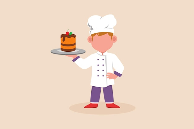 Happy cute boy chef dressed in uniform holding plate with piece of cake Cooking concept Vector illustration