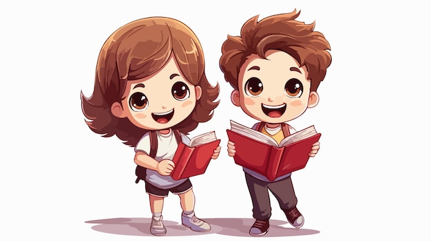 Happy Cute Boy and Girl Carrying Book Cartoon Vector Illustration