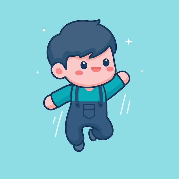 Happy cute boy jumping cartoon flat design style vector illustration