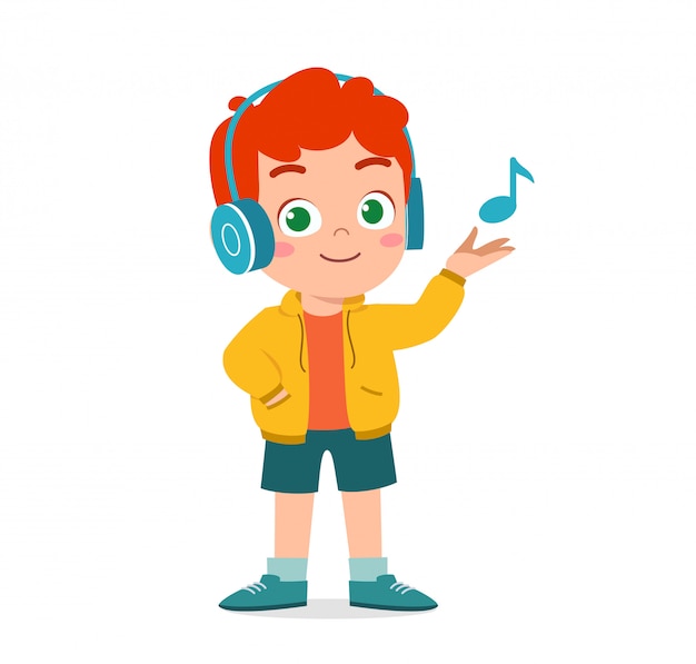 Vector happy cute boy listen to music