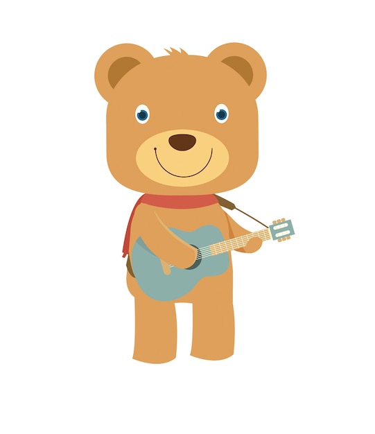 Happy cute brown teddy bear playing guitar