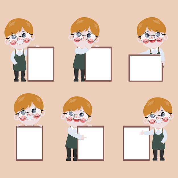 Happy cute cartoon barista presenting whiteboard gesture pose character set