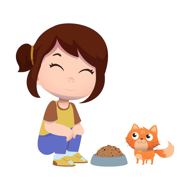 Happy cute children character play with pet cat