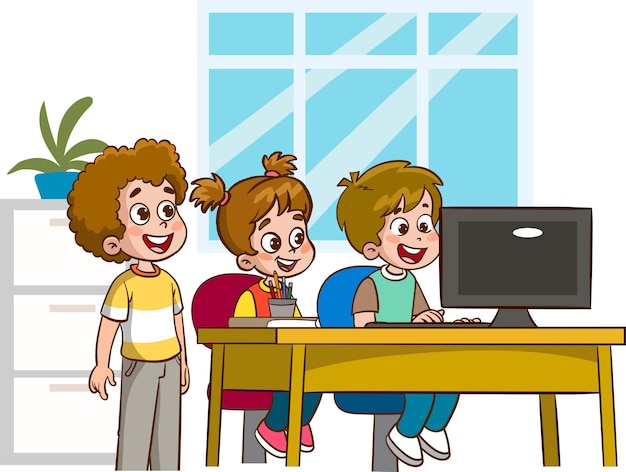 happy cute children studying on computer at table