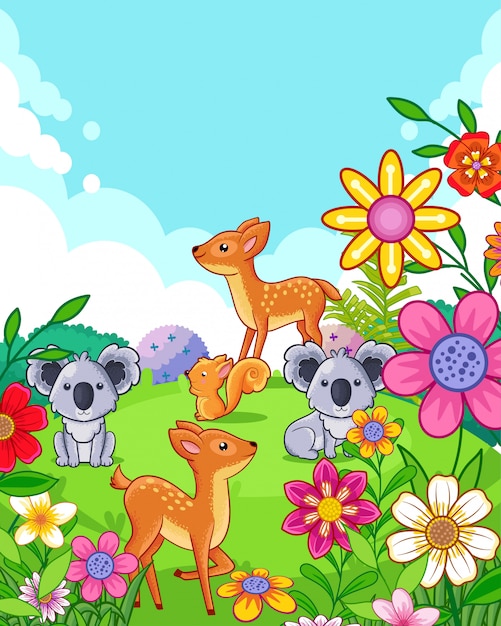 Happy cute deers and koalas with flowers playing in the garden