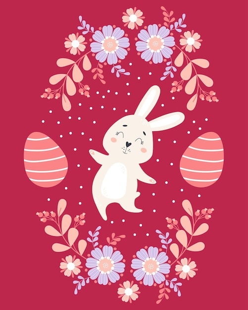 Happy cute easter bunny with easter eggs decorative flowers and leaves