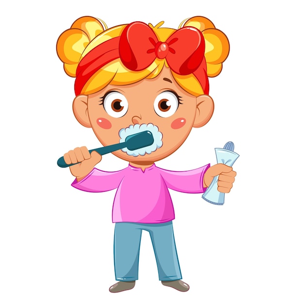 Vector happy cute girl brushes teeth