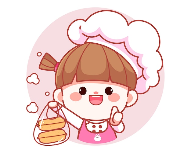 Happy cute girl chef holding food box in bag banner logo cartoon art illustration