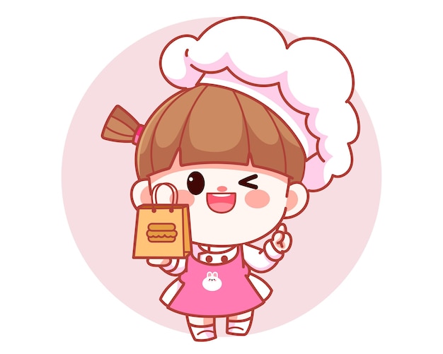 Happy cute girl chef holding food paper bag banner logo cartoon art illustration