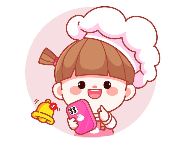 Happy cute girl chef holding smartphone with notifications banner logo cartoon art illustration