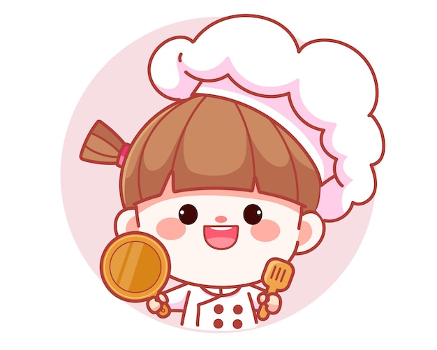 Happy cute girl chef holding spatula and pan banner logo cartoon art illustration