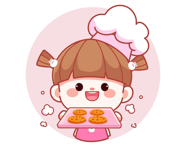 Happy cute girl chef holding tray with cookies banner logo cartoon art illustration