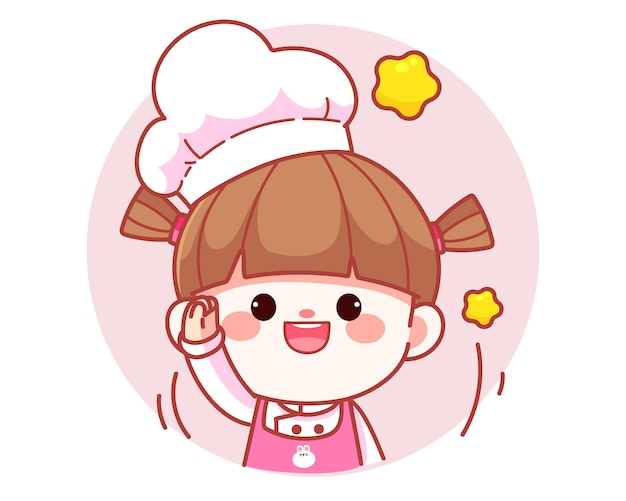 Happy cute girl chef raising hand to greeting banner logo cartoon art illustration