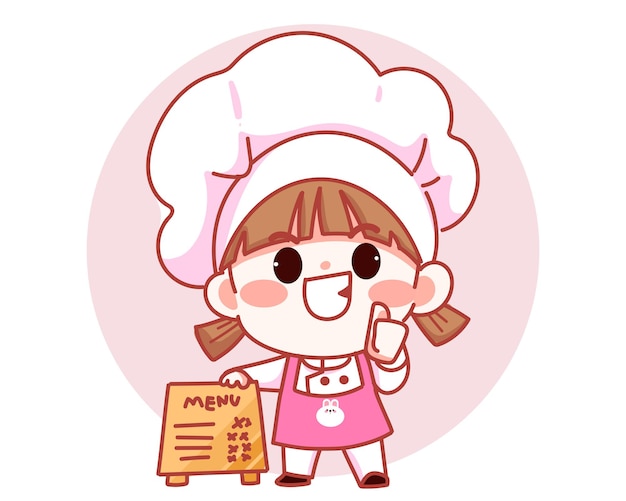 Happy cute girl chef standing with menu sign banner logo cartoon art illustration