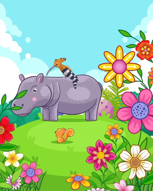 Happy cute hippo with flowers playing in the garden