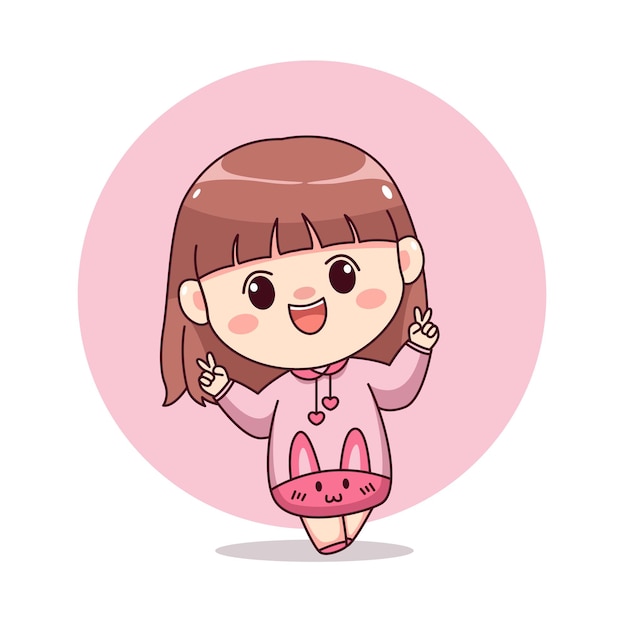 Happy cute and kawaii girl with pink hoodie bunny cartoon manga chibi character design