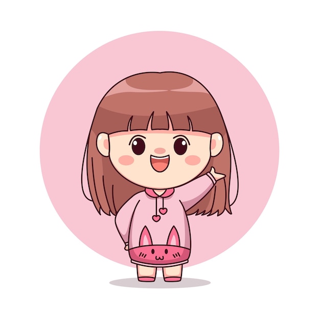 Happy cute and kawaii girl with pink hoodie bunny cartoon manga chibi character design