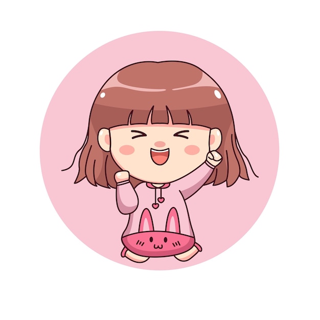 Happy cute and kawaii girl with pink hoodie bunny cartoon manga chibi character design