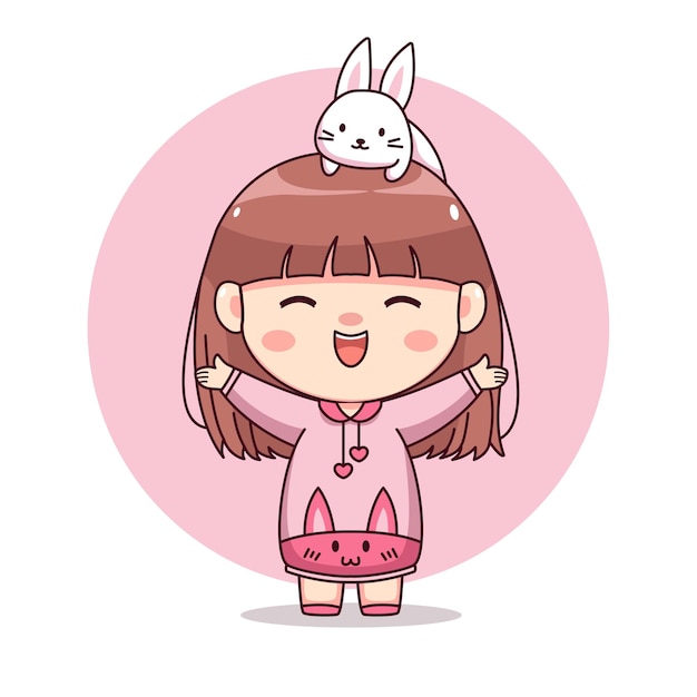 Happy cute and kawaii girl with pink hoodie bunny and cute rabbit cartoon manga chibi character