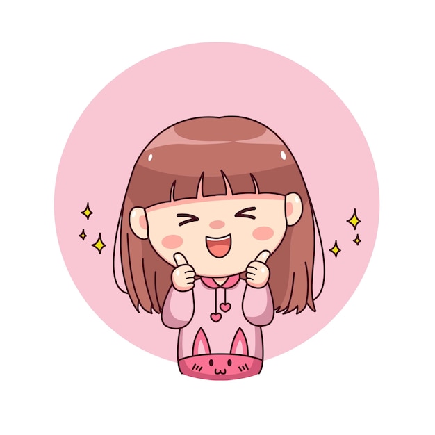 Happy cute and kawaii girl with pink hoodie bunny thumbs up cartoon manga chibi character design