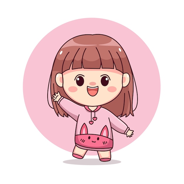 Happy cute and kawaii girl with pink hoodie bunny waving hand cartoon manga chibi