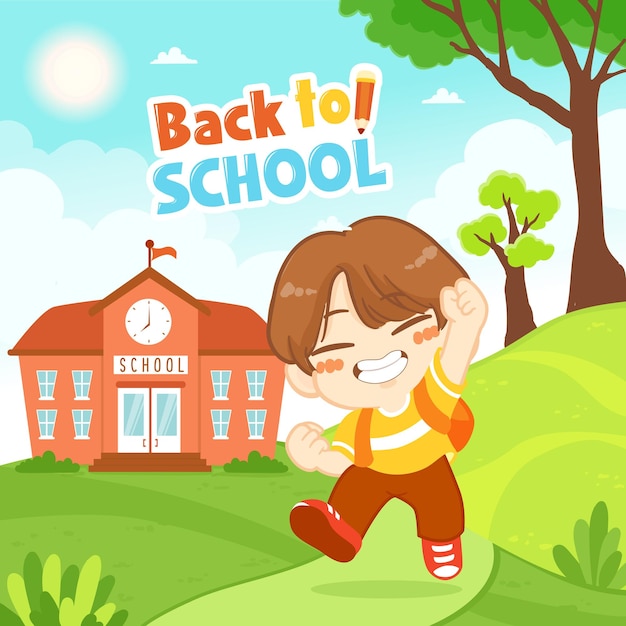 Happy cute kid boy back to school with nature background illustration