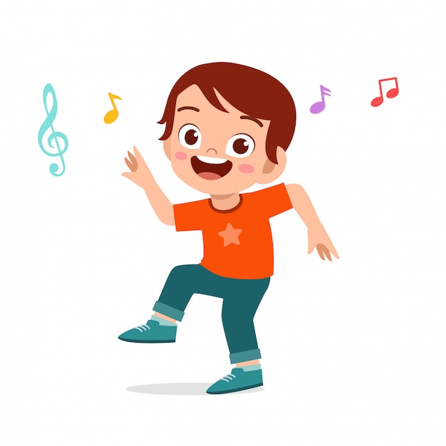 Happy cute kid boy dance with music