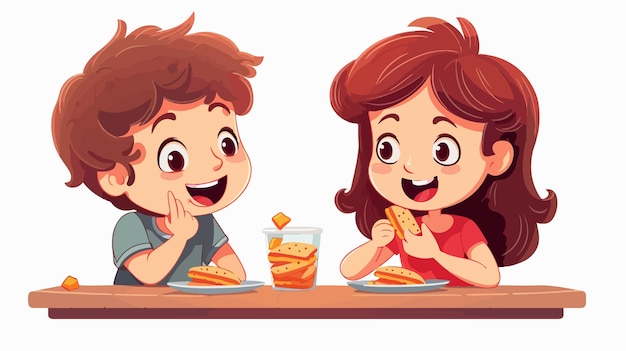 Vector happy cute kid boy and girl feeling hungry want to eat