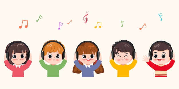 Happy cute kid boy and girl listening music Student back to school