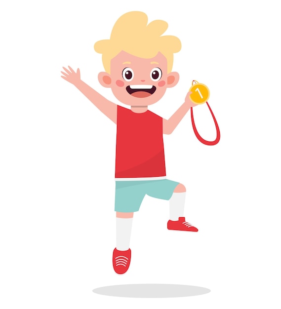 Happy cute kid boy holding gold medal cartoon illustration