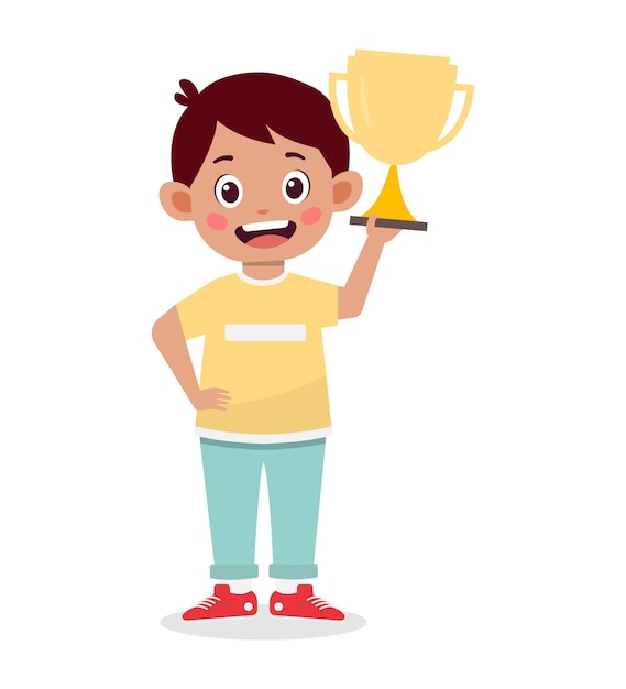 Happy cute kid boy holding gold trophy cartoon illustration