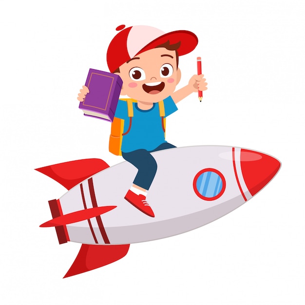 Happy cute kid boy ride rocket to success