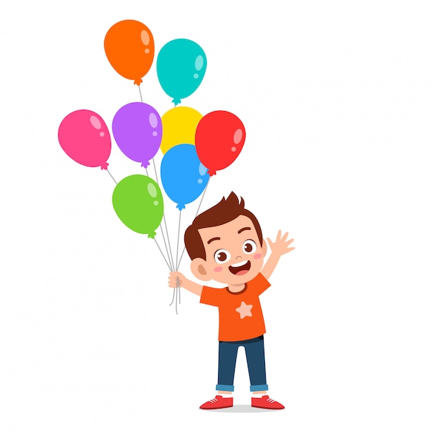 Happy cute kid boy run holding balloon