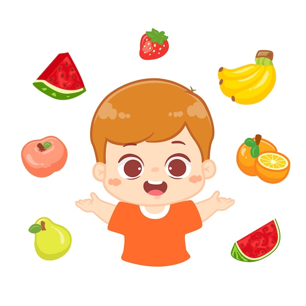 Happy cute kid boy showing healthy fruit food cartoon