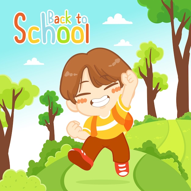 Happy cute kid boy walking go to school back to school background