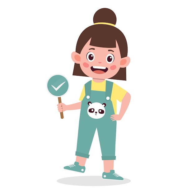 Happy cute kid girl carry correct sign cartoon illustration