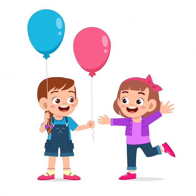 Happy cute kid girl give balloon to friend