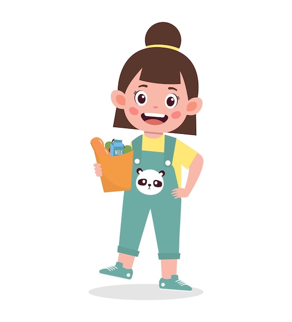 Happy cute kid girl holding fresh groceries cartoon illustration