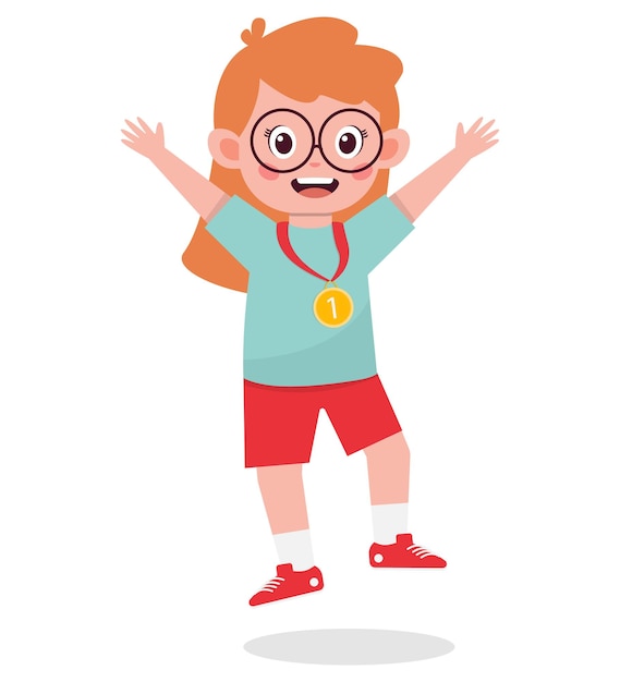 Happy cute kid girl holding gold medal cartoon illustration