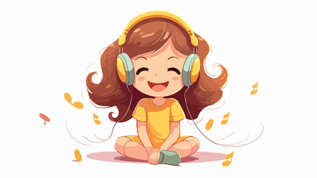 Vector happy cute kid girl listening to good music cartoon vector