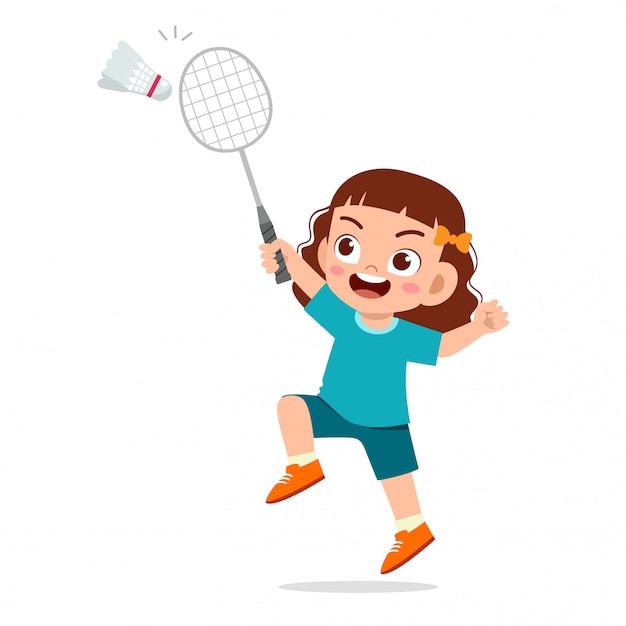 Happy cute kid girl play train badminton