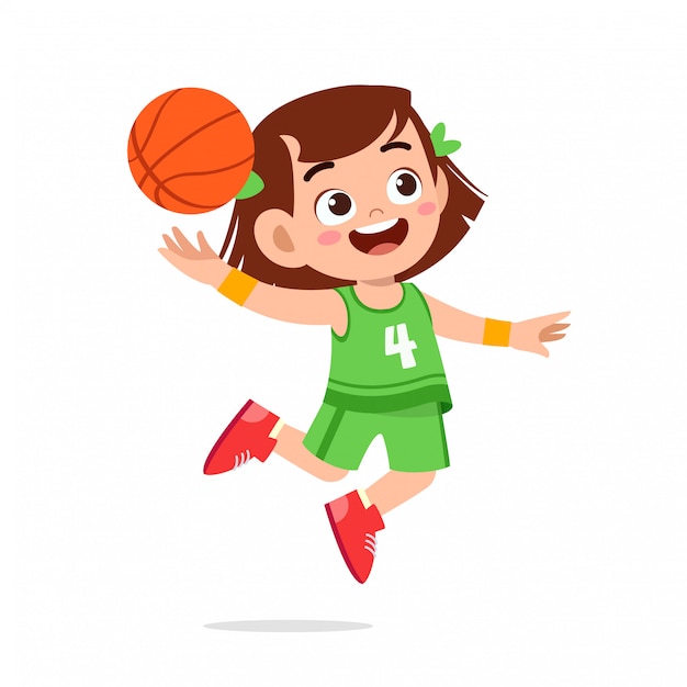 Happy cute kid girl play train basketball