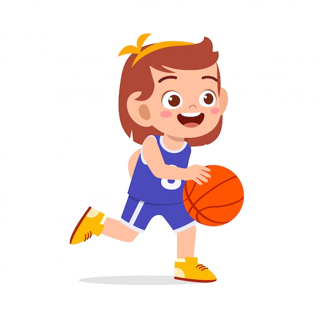 Happy cute kid girl play train basketball