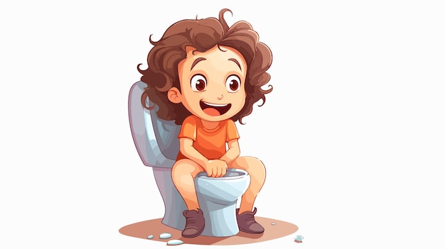 Vector happy cute kid girl sitting on the toilet cartoon vector illustration