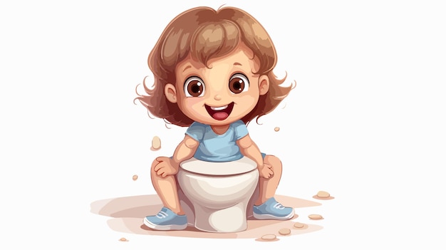 Vector happy cute kid girl sitting on the toilet cartoon vector illustration