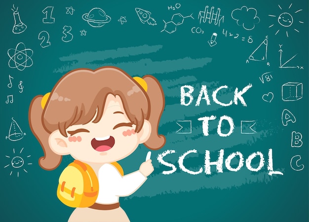 Happy cute kid girl write Back to school on chalk board background