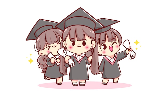 Happy cute kid kawaii children in graduation gown and cap at graduation ceremony hand drawn cartoon character illustration