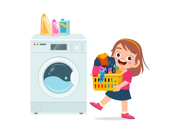 Happy cute kid do laundry with washing machine