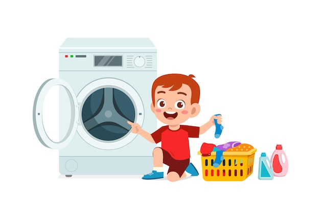 Happy cute kid do laundry with washing machine